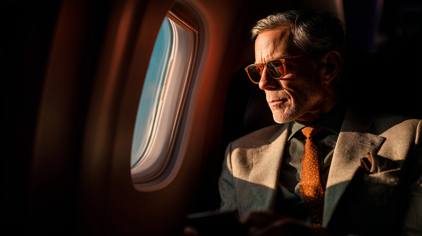 A man wearing sunglasses and a suit is sitting in an airplane, looking out the window. The sunlight is casting a warm glow on his face and clothing.