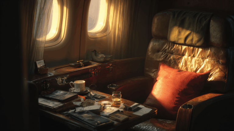 The image shows a luxurious airplane cabin seat bathed in warm sunlight. The seat is upholstered in leather and has a red pillow. A small table in front of the seat is cluttered with various items, including a cup and saucer, a glass of liquid, books, papers, and a pair of glasses. The window beside the seat is partially covered with sheer curtains, allowing sunlight to stream in, creating a cozy and elegant atmosphere.