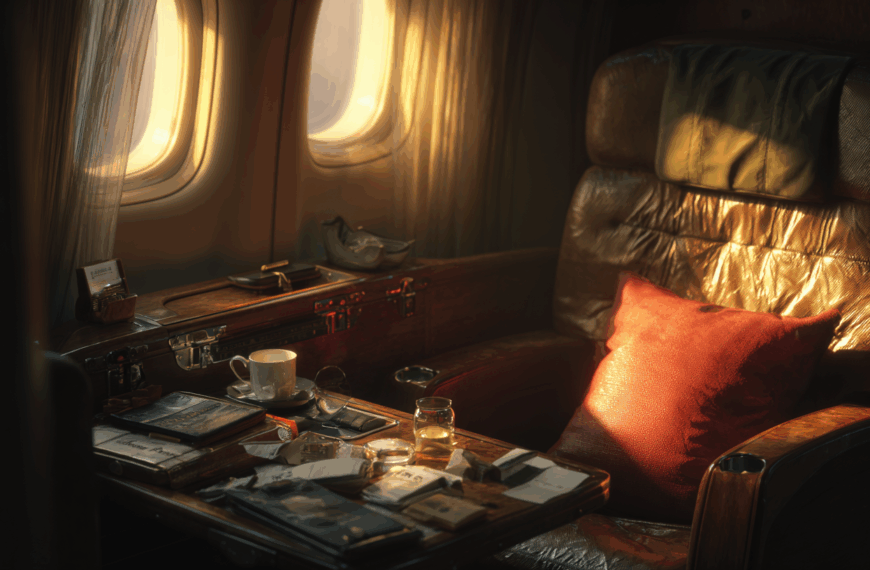 The image shows a luxurious airplane cabin seat bathed in warm sunlight. The seat is upholstered in leather and has a red pillow. A small table in front of the seat is cluttered with various items, including a cup and saucer, a glass of liquid, books, papers, and a pair of glasses. The window beside the seat is partially covered with sheer curtains, allowing sunlight to stream in, creating a cozy and elegant atmosphere.