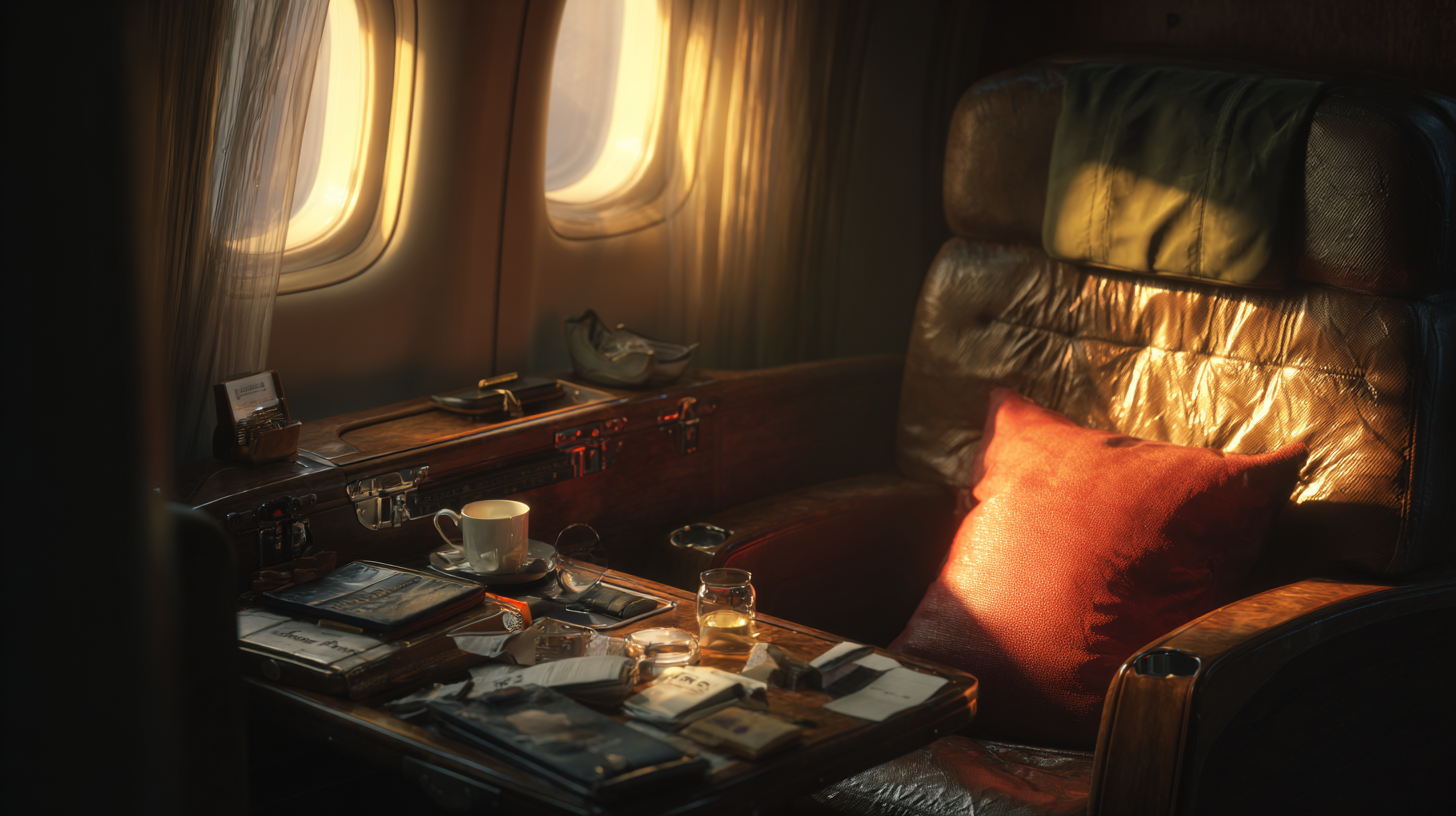 The image shows a luxurious airplane cabin seat bathed in warm sunlight. The seat is upholstered in leather and has a red pillow. A small table in front of the seat is cluttered with various items, including a cup and saucer, a glass of liquid, books, papers, and a pair of glasses. The window beside the seat is partially covered with sheer curtains, allowing sunlight to stream in, creating a cozy and elegant atmosphere.