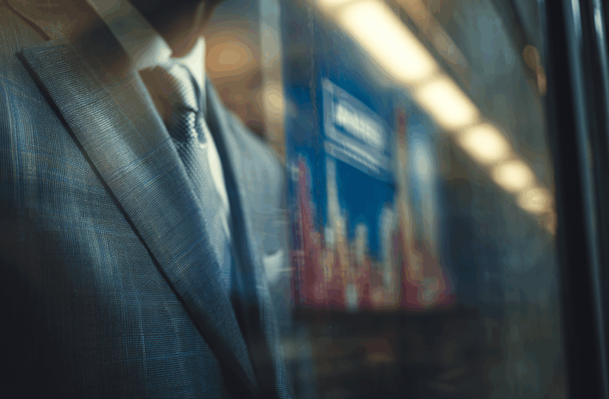 The image shows a close-up of a person wearing a textured suit and tie, reflected in a glass surface. The background is blurred, with a hint of a blue and red poster featuring a cityscape and some text. The lighting is soft and creates a reflective effect on the glass.