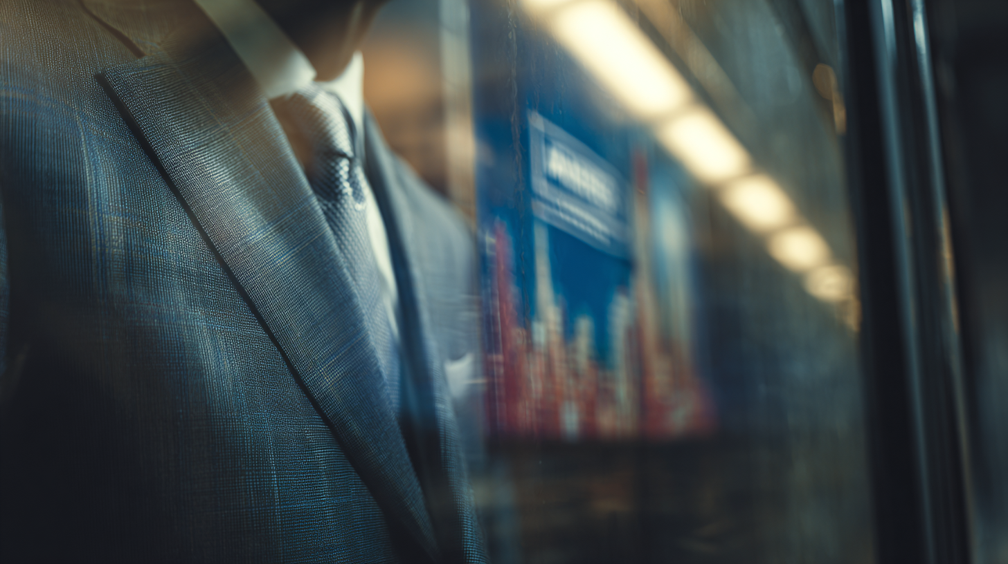 The image shows a close-up of a person wearing a textured suit and tie, reflected in a glass surface. The background is blurred, with a hint of a blue and red poster featuring a cityscape and some text. The lighting is soft and creates a reflective effect on the glass.