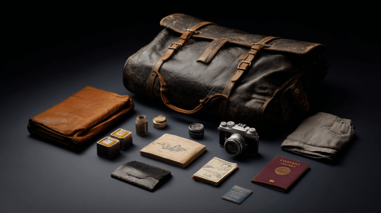 The image shows a collection of vintage travel items arranged on a dark surface. There is a large, worn leather duffel bag with buckles, a folded brown leather jacket, several small containers, a vintage camera with an additional lens, a folded piece of clothing, a maroon passport, a small blue booklet, a black leather wallet, and a couple of old books or journals. The items suggest a theme of travel or exploration.