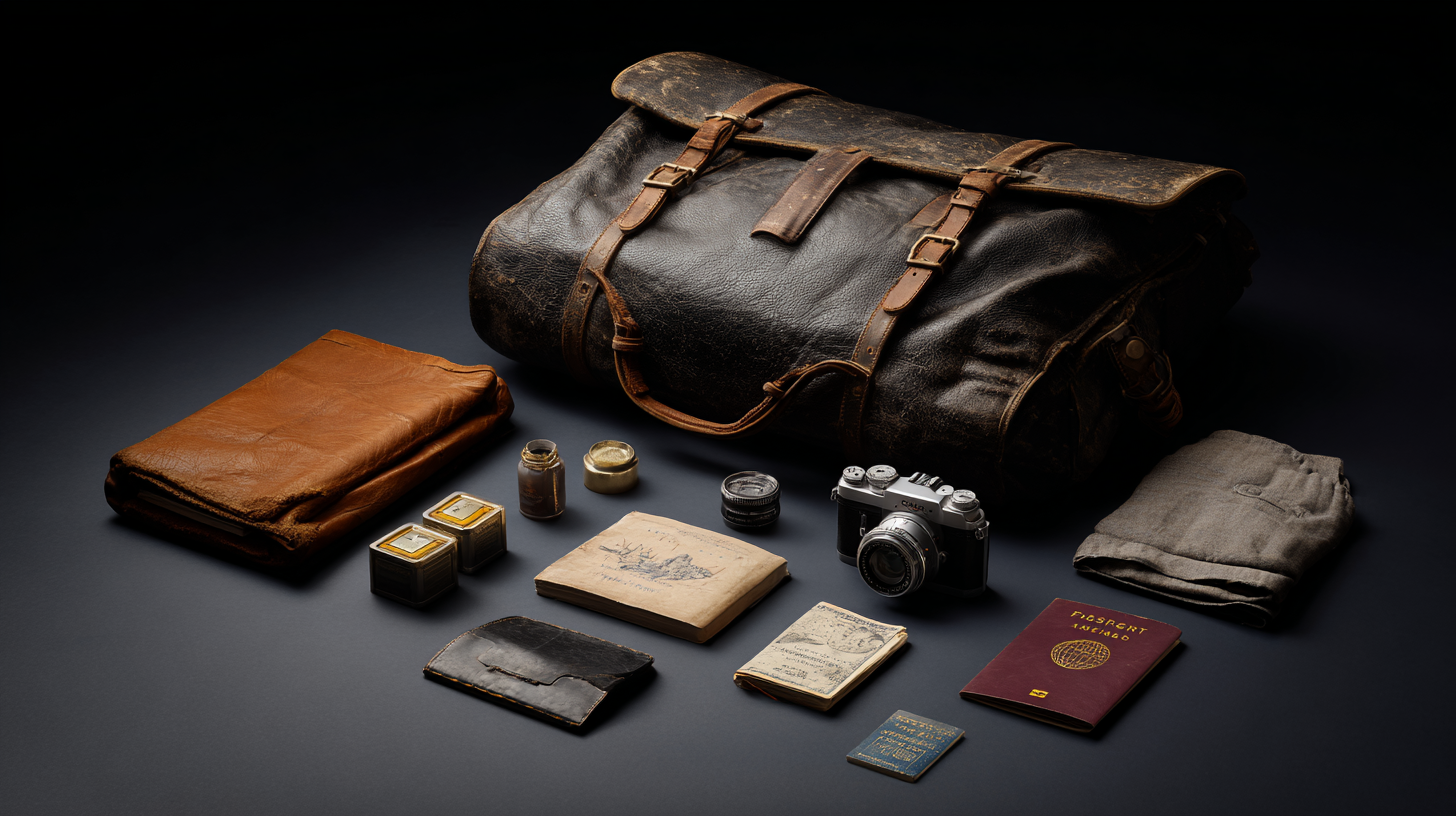 The image shows a collection of vintage travel items arranged on a dark surface. There is a large, worn leather duffel bag with buckles, a folded brown leather jacket, several small containers, a vintage camera with an additional lens, a folded piece of clothing, a maroon passport, a small blue booklet, a black leather wallet, and a couple of old books or journals. The items suggest a theme of travel or exploration.