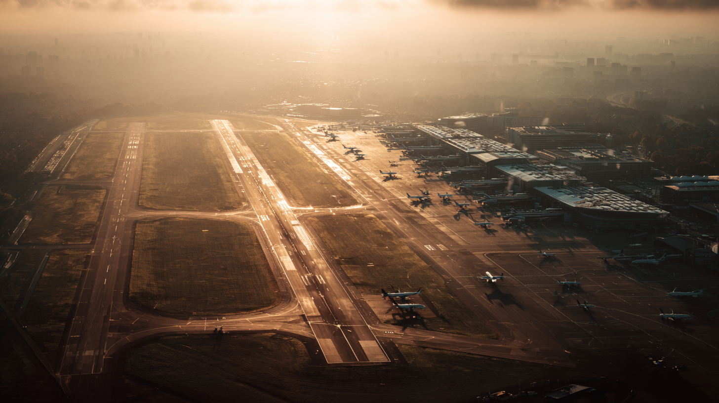 Aerial view of an airport at sunrise or sunset, with multiple runways and taxiways visible. Several airplanes are parked near the terminal buildings on the right side. The scene is bathed in a warm, golden light, with the city skyline faintly visible in the background through a layer of mist or haze.