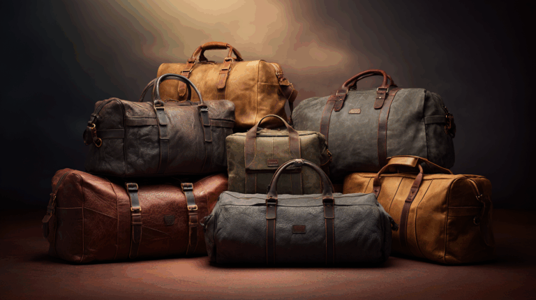 The image shows a collection of seven leather duffel bags in various colors, including brown, tan, and gray. They are arranged in a stacked formation against a dark, softly lit background. Each bag has handles and visible stitching, showcasing different textures and shades of leather.