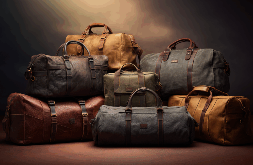 The image shows a collection of seven leather duffel bags in various colors, including brown, tan, and gray. They are arranged in a stacked formation against a dark, softly lit background. Each bag has handles and visible stitching, showcasing different textures and shades of leather.