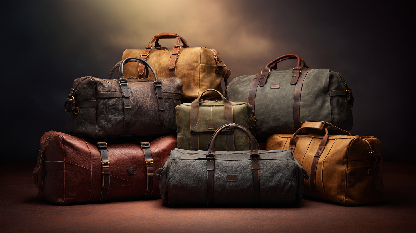 The image shows a collection of seven leather duffel bags in various colors, including brown, tan, and gray. They are arranged in a stacked formation against a dark, softly lit background. Each bag has handles and visible stitching, showcasing different textures and shades of leather.