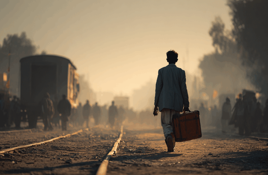 A person is walking along a dusty railway track, carrying a suitcase, with their back to the camera. The scene is set during sunset or sunrise, casting a warm glow over the area. There are silhouettes of other people and a train in the background, creating a sense of movement and activity. The atmosphere is hazy, with trees and buildings visible in the distance.