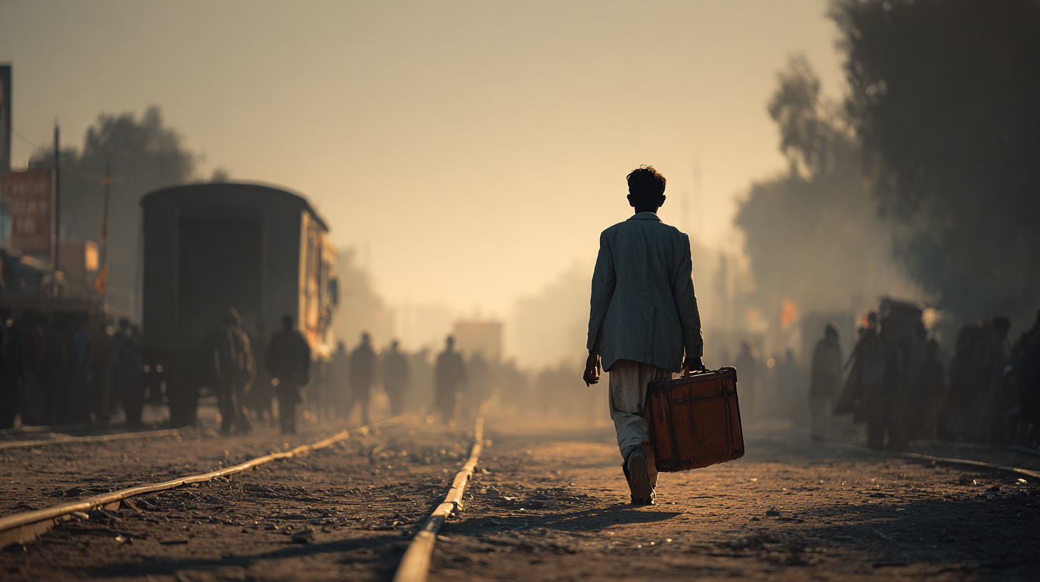 A person is walking along a dusty railway track, carrying a suitcase, with their back to the camera. The scene is set during sunset or sunrise, casting a warm glow over the area. There are silhouettes of other people and a train in the background, creating a sense of movement and activity. The atmosphere is hazy, with trees and buildings visible in the distance.