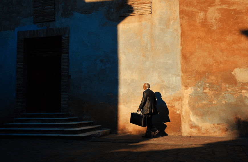 A man in a suit is walking along a sunlit, textured wall with a briefcase in hand. The wall is painted in shades of blue and orange, and the scene is partially in shadow, creating a dramatic contrast. The man’s shadow is cast on the wall as he walks past a set of steps leading to a dark doorway.