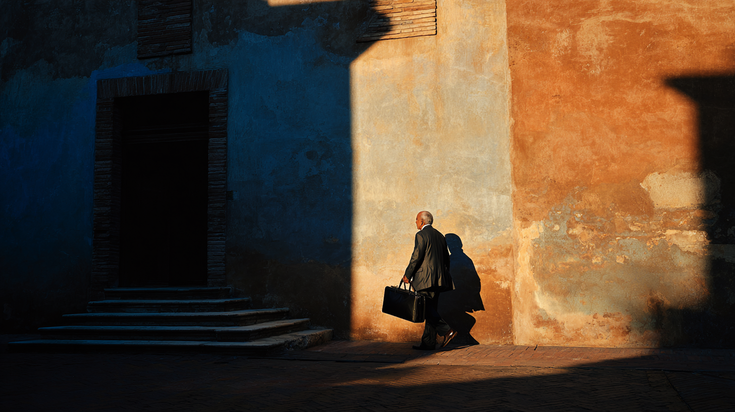 A man in a suit is walking along a sunlit, textured wall with a briefcase in hand. The wall is painted in shades of blue and orange, and the scene is partially in shadow, creating a dramatic contrast. The man’s shadow is cast on the wall as he walks past a set of steps leading to a dark doorway.