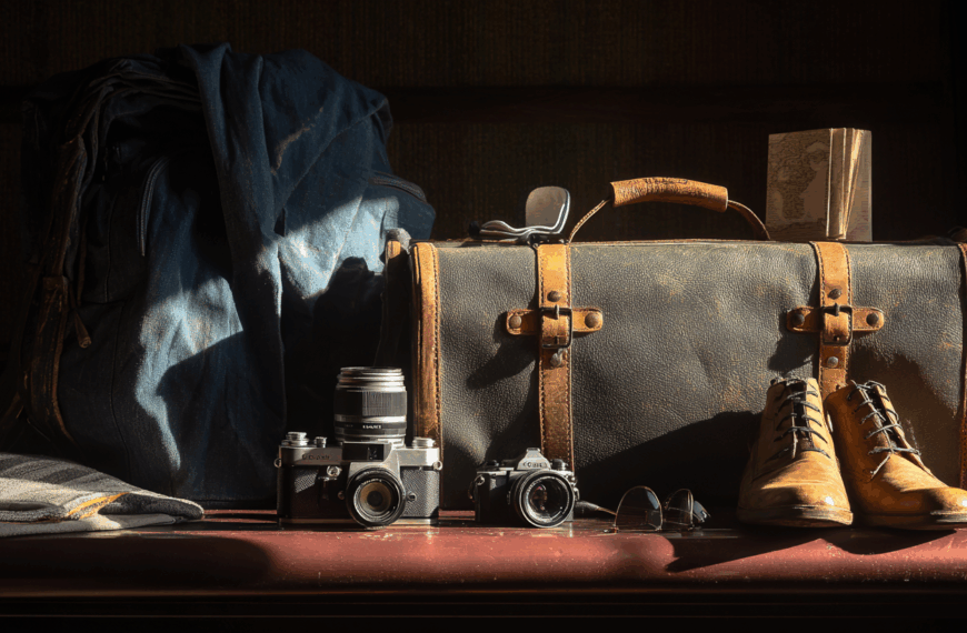 The image shows a collection of travel items arranged on a surface. There is a large blue backpack, a vintage leather suitcase with a map sticking out, a pair of brown leather boots, two vintage cameras, a pair of sunglasses, and a folded striped cloth. The scene is lit with natural light, creating a warm and nostalgic atmosphere.