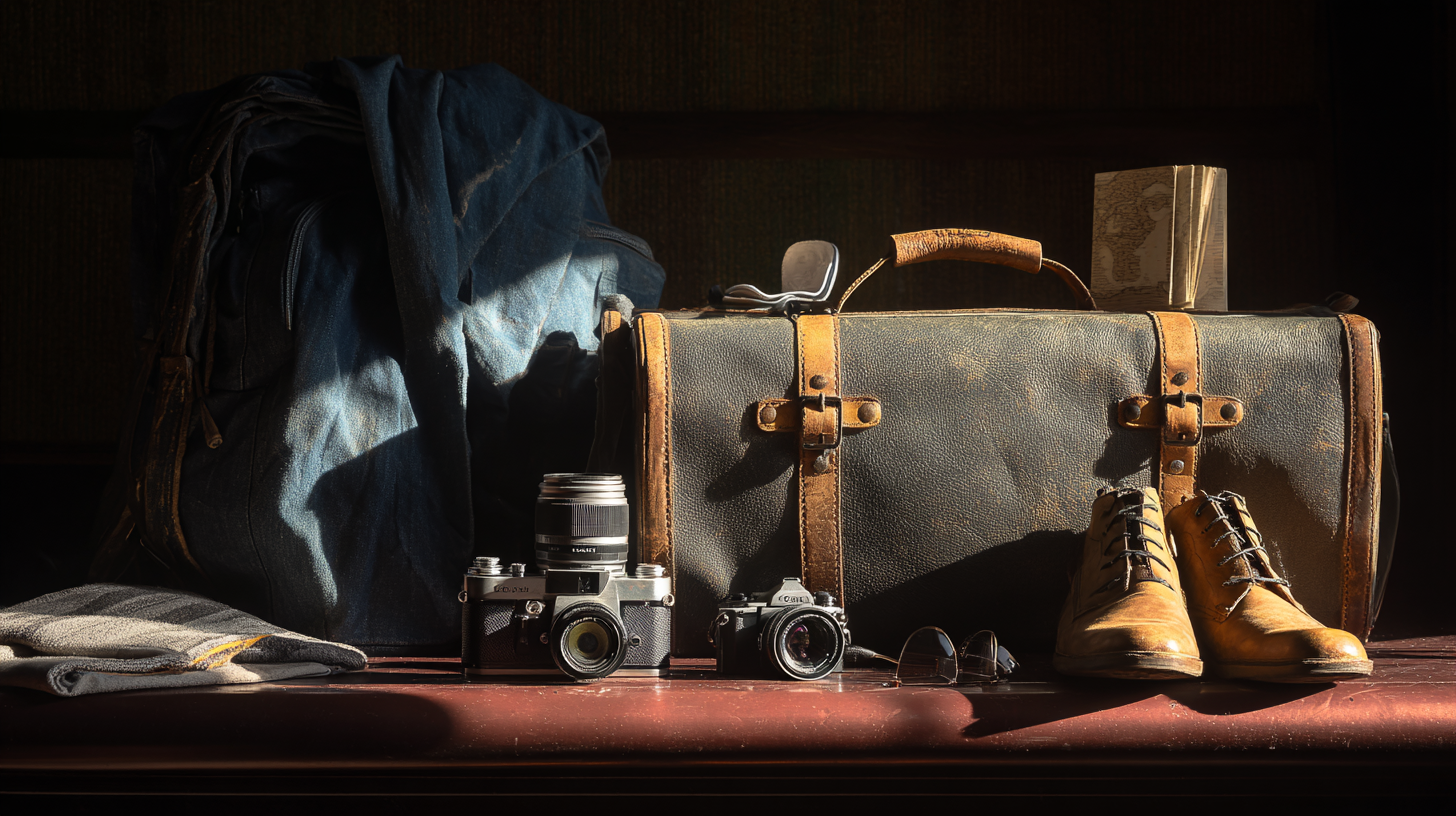 The image shows a collection of travel items arranged on a surface. There is a large blue backpack, a vintage leather suitcase with a map sticking out, a pair of brown leather boots, two vintage cameras, a pair of sunglasses, and a folded striped cloth. The scene is lit with natural light, creating a warm and nostalgic atmosphere.