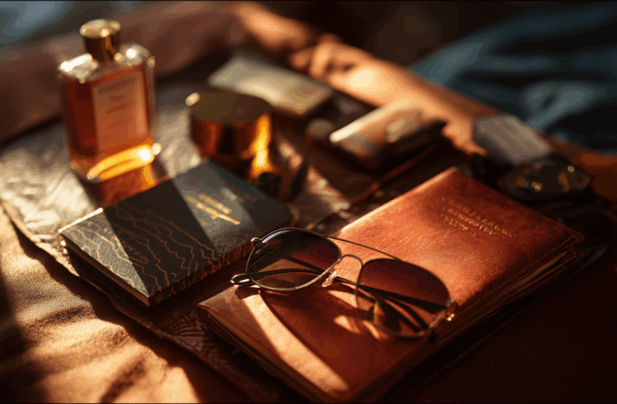 A collection of personal items is arranged on a surface, including a bottle of perfume, a pair of sunglasses, a leather-bound notebook, a small book with a dark cover and gold detailing, and a few other small objects. The scene is warmly lit, creating a cozy and elegant atmosphere.