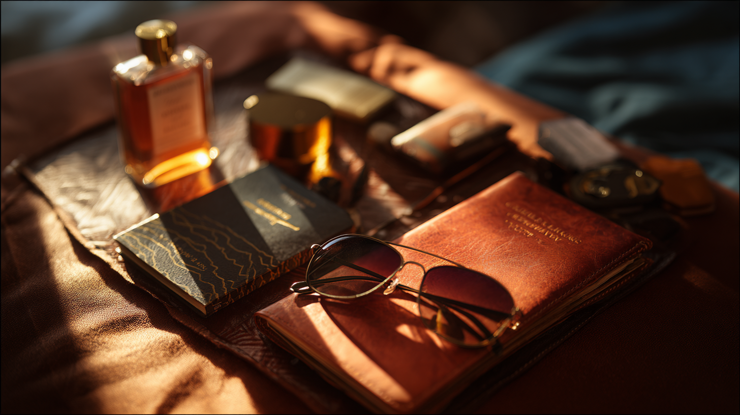 A collection of personal items is arranged on a surface, including a bottle of perfume, a pair of sunglasses, a leather-bound notebook, a small book with a dark cover and gold detailing, and a few other small objects. The scene is warmly lit, creating a cozy and elegant atmosphere.