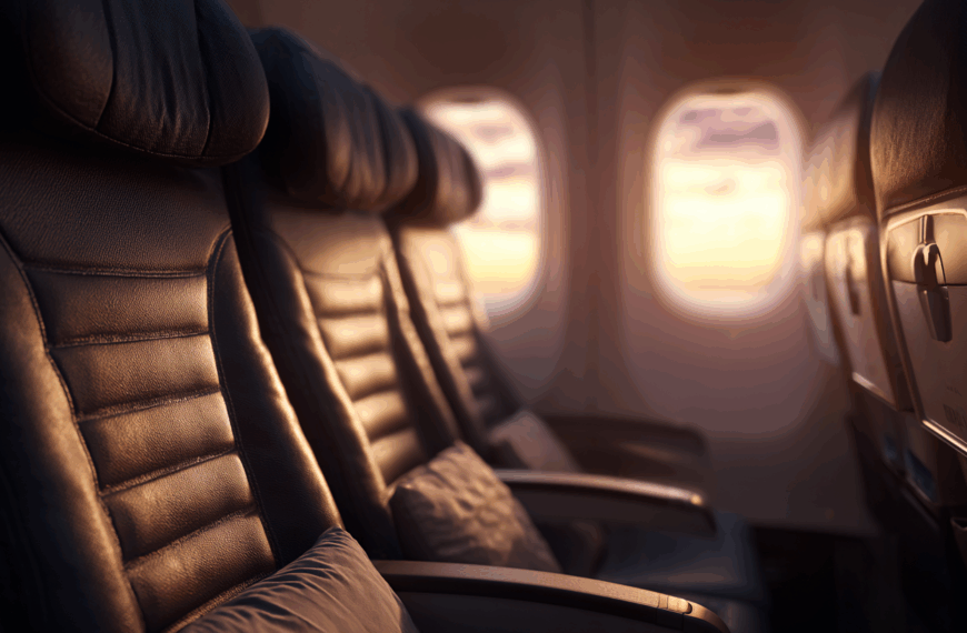 The image shows a row of empty airplane seats with black leather upholstery. The seats are illuminated by warm sunlight coming through the windows, creating a cozy atmosphere. The view outside the windows shows a colorful sky, suggesting it might be sunrise or sunset.