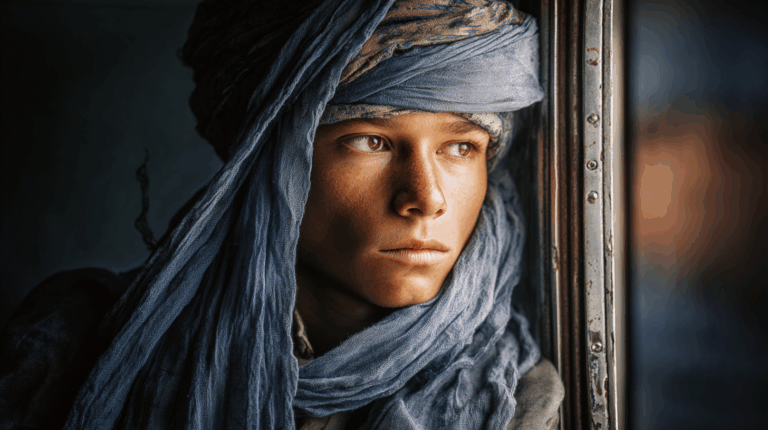 A person wearing a blue headscarf is gazing out of a window. The lighting highlights their face, creating a contemplative mood. The background is dimly lit, emphasizing the person's expression and the texture of the scarf.