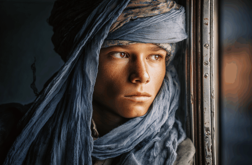 A person wearing a blue headscarf is gazing out of a window. The lighting highlights their face, creating a contemplative mood. The background is dimly lit, emphasizing the person's expression and the texture of the scarf.