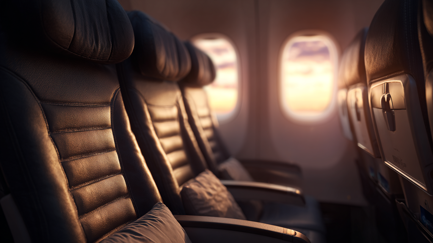 The image shows a row of empty airplane seats with black leather upholstery. The seats are illuminated by warm sunlight coming through the windows, creating a cozy atmosphere. The view outside the windows shows a colorful sky, suggesting it might be sunrise or sunset.