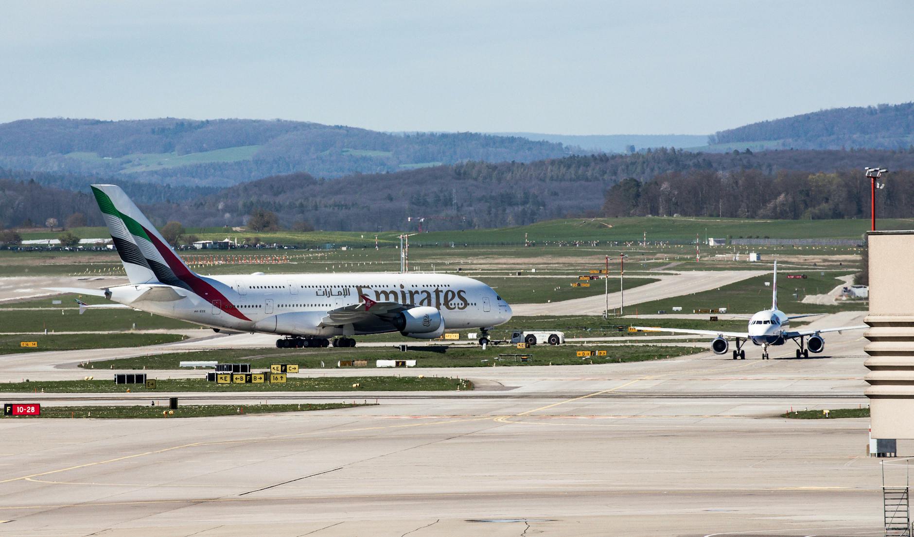 An Emirates A380 aircraft on the runway at Zurich airport, Switzerland.